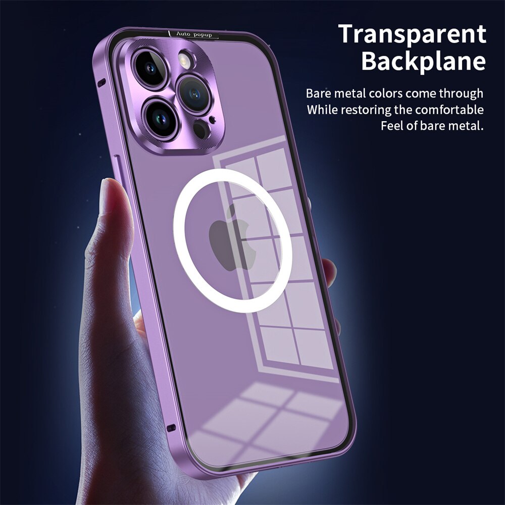Luxury Aluminum Metal Magsafe Case for iPhone 14 13 12 Pro Max 14 Plus 2 in 1 Transparent Acrylic Magnetic Snap Lock Cover