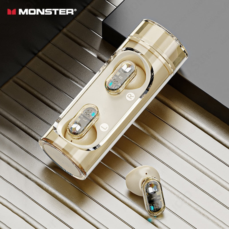 Original Monster V5.3 Wireless Bluetooth Headset XKT13 HIFI Sound Earphones Long Standby Earbuds Rotating Transparent Shell New