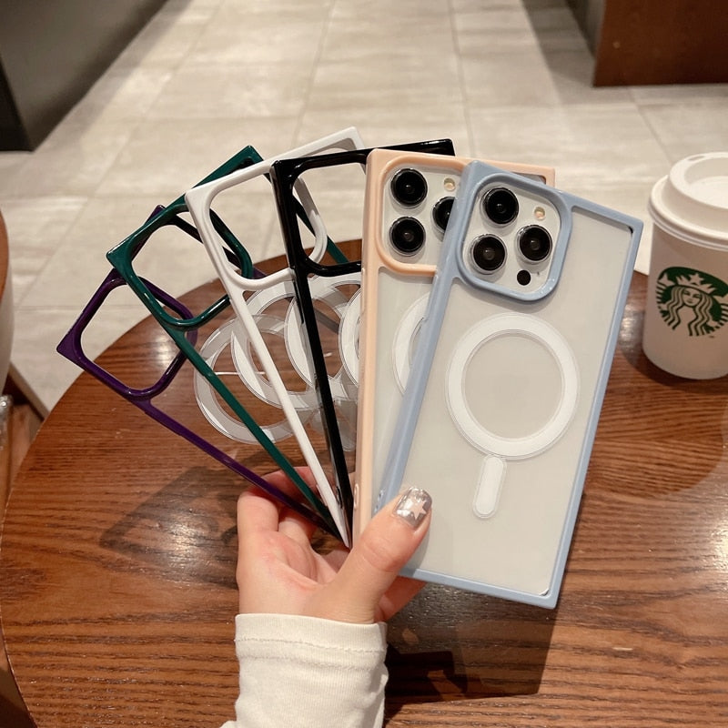 Luxury Magsafe Wireless Charge Transparent Case For iPhone 14 13 12 11 Pro Max Plus Square Magnetic Bumper Clear Cases Cover