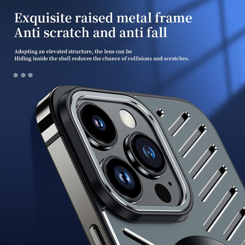 Stainless Steel Frame Aluminum Backplane Metal Magnetic Phone Case For iPhone 12 13 14 Pro Max 14Plus Hollow Cooling Cover Funda