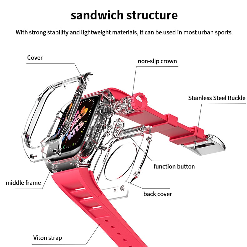 Transparent Mod Kit Case for Apple Watch 45MM 44MM Rubber Sports Band for iWatch Series Ultra 8 7 6 5 4 SE Silicone Strap