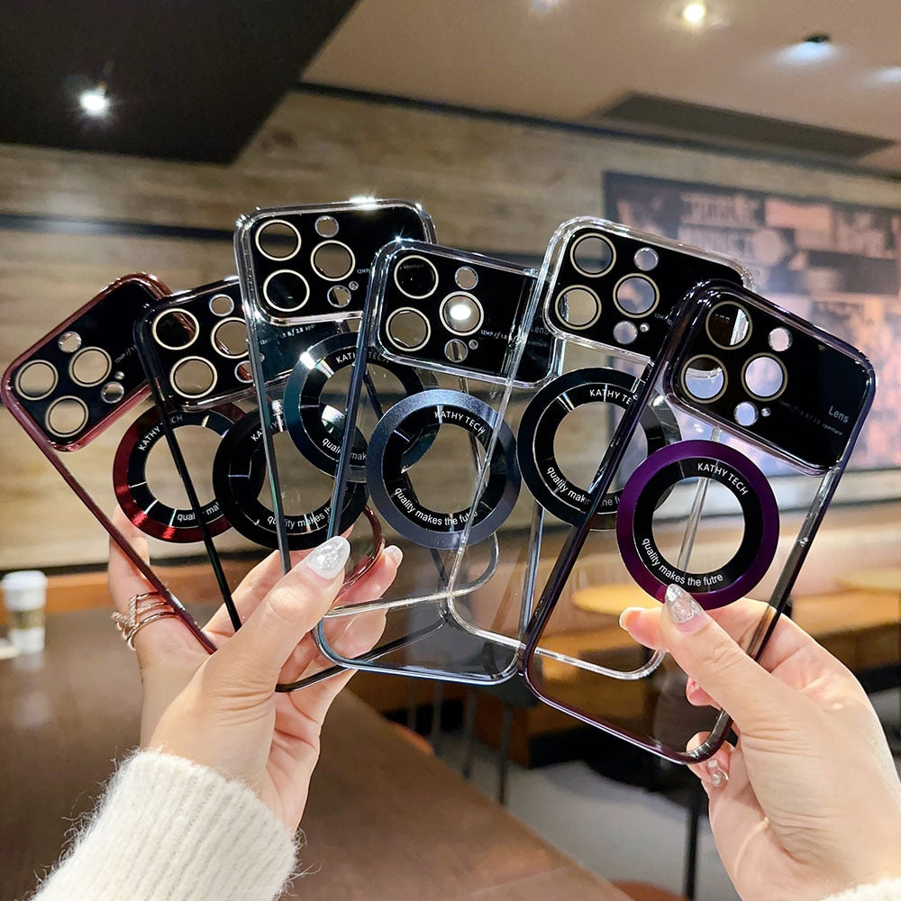 Window Plating Color Purple Blue Black Magnetic Wireless Charging PC Shockproof Phone Cover For IPhone 12Pro 13 14 Pro Max Case