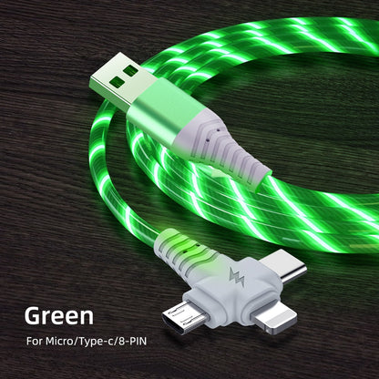 3in1 Flow Luminous Lighting Usb Cable For IPhone 13 12 11 Pro 3 In 1 2in1 LED Micro USB Type C 8 Pin Charger For Huawei Xiaomi|Mobile Phone Cables