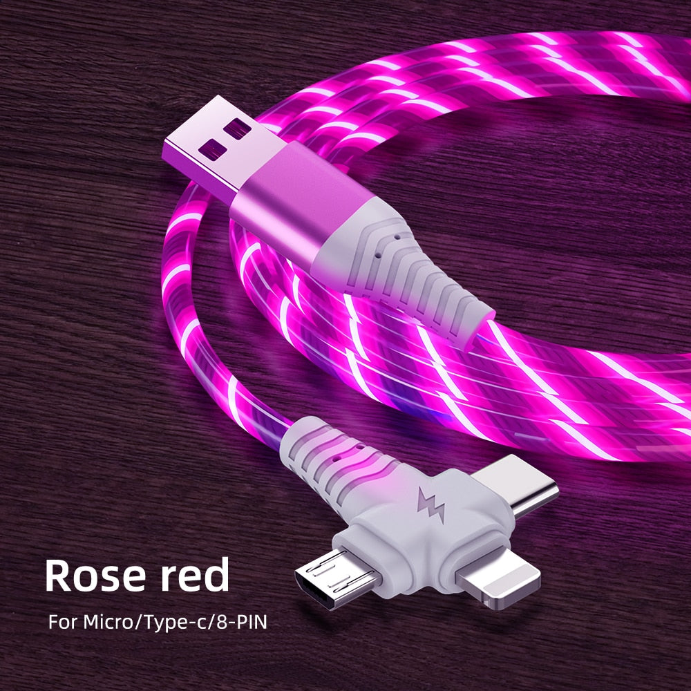3in1 Flow Luminous Lighting Usb Cable For IPhone 13 12 11 Pro 3 In 1 2in1 LED Micro USB Type C 8 Pin Charger For Huawei Xiaomi|Mobile Phone Cables