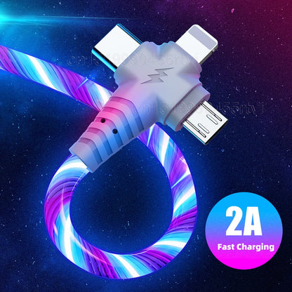 3in1 Flow Luminous Lighting Usb Cable For IPhone 13 12 11 Pro 3 In 1 2in1 LED Micro USB Type C 8 Pin Charger For Huawei Xiaomi|Mobile Phone Cables