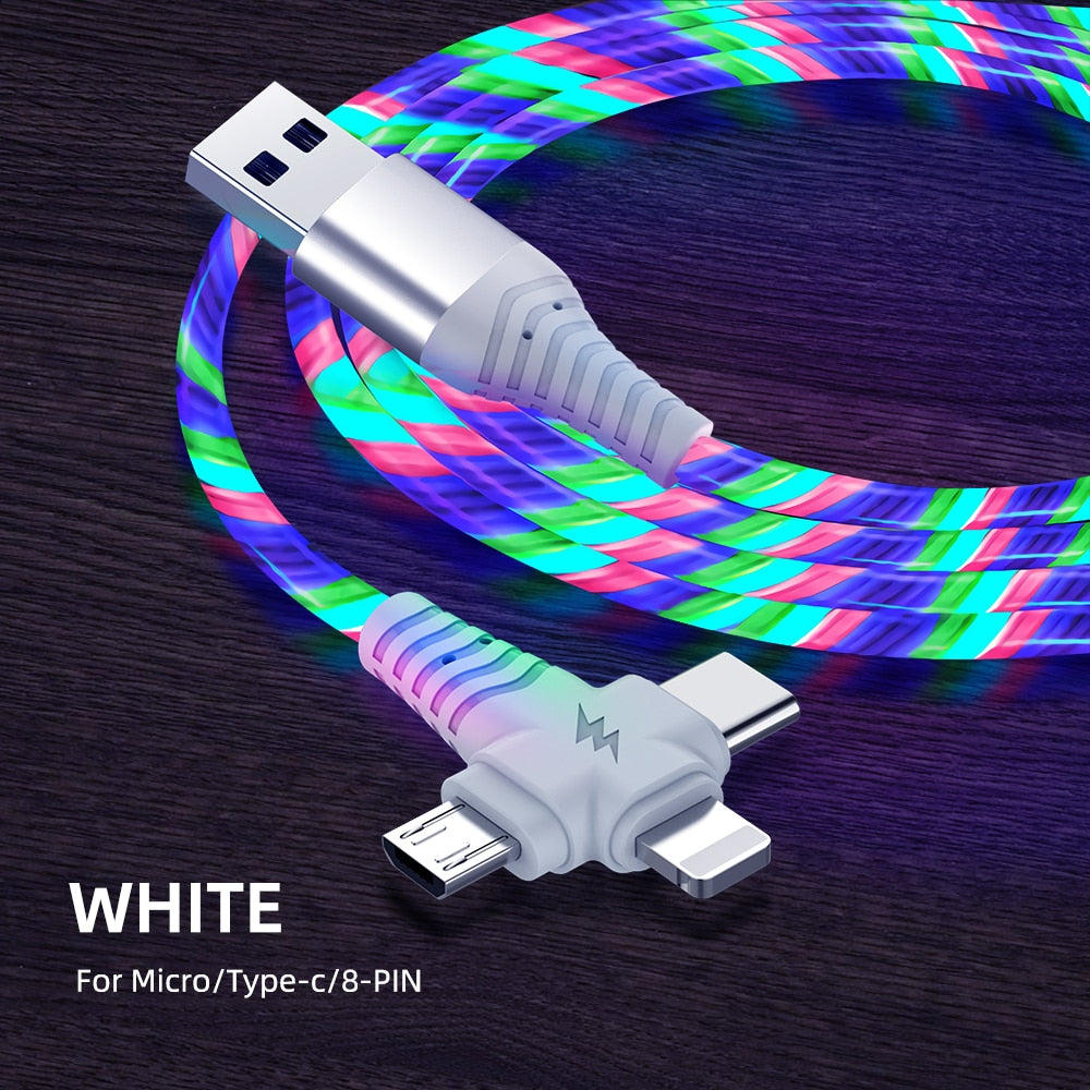 3in1 Flow Luminous Lighting Usb Cable For IPhone 13 12 11 Pro 3 In 1 2in1 LED Micro USB Type C 8 Pin Charger For Huawei Xiaomi|Mobile Phone Cables