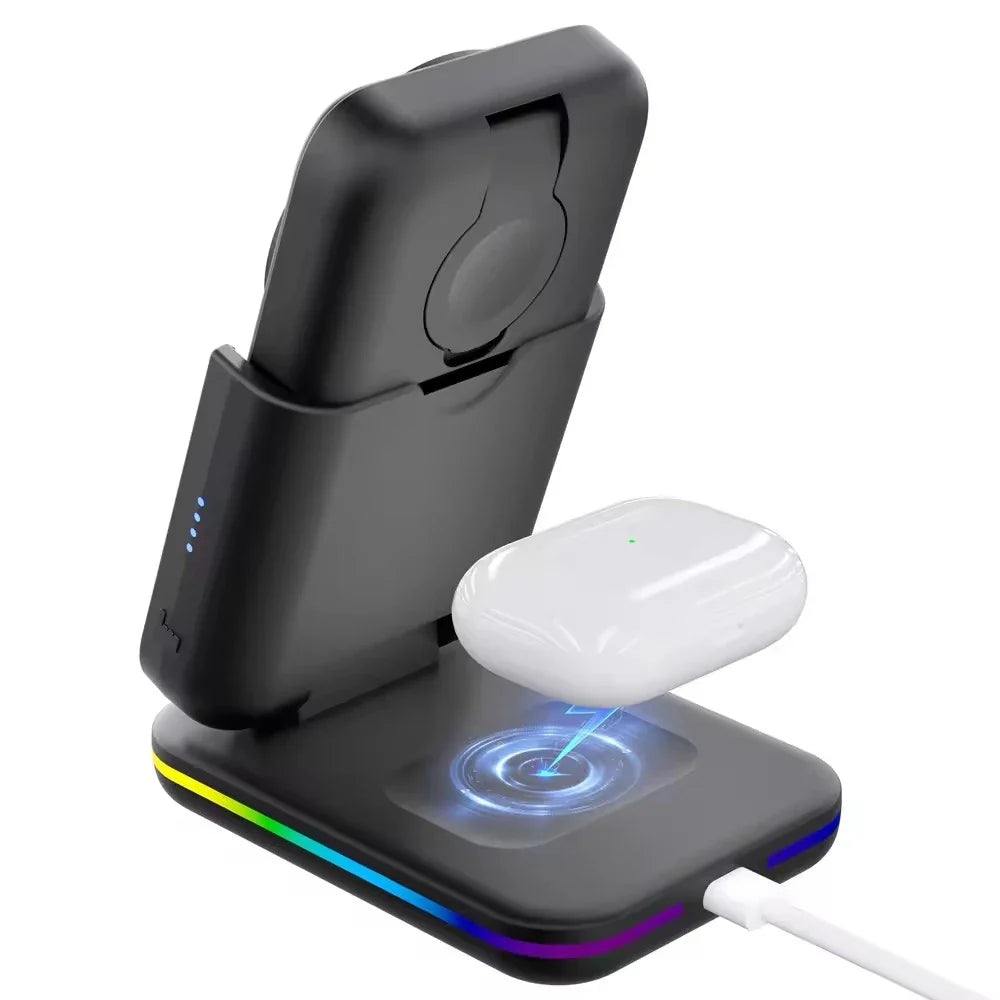 Foldable Wireless Charging Station with Detachable 5000mAh Power Bank (3-Month Warranty)