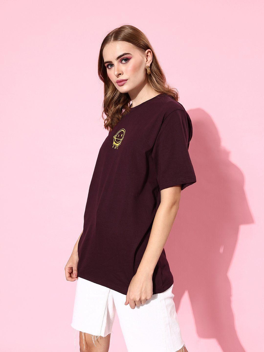 Difference of Opinion Cotton Maroon Graphic Oversized T-Shirt for Women's