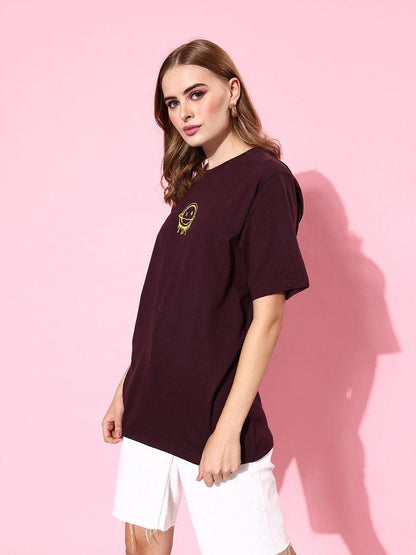Difference of Opinion Cotton Maroon Graphic Oversized T-Shirt for Women's