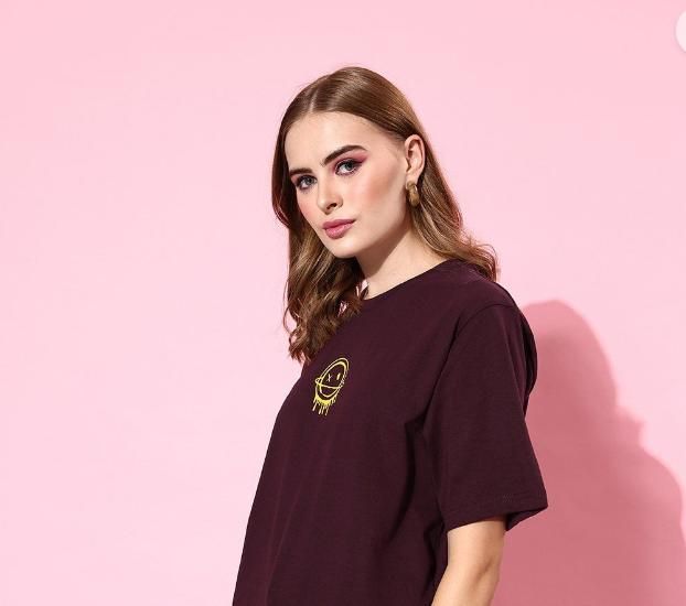 Difference of Opinion Cotton Maroon Graphic Oversized T-Shirt for Women's