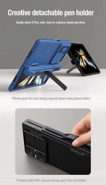 Nillkin CamShield Pro case for Z Fold with S Pen holder, camera cover, hinge protection, and kickstand.