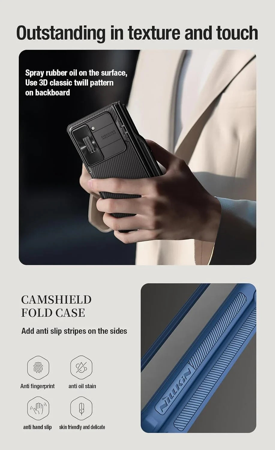 Nillkin CamShield Pro case for Z Fold with S Pen holder, camera cover, hinge protection, and kickstand.