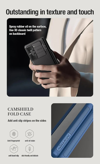 Nillkin CamShield Pro case for Z Fold with S Pen holder, camera cover, hinge protection, and kickstand.