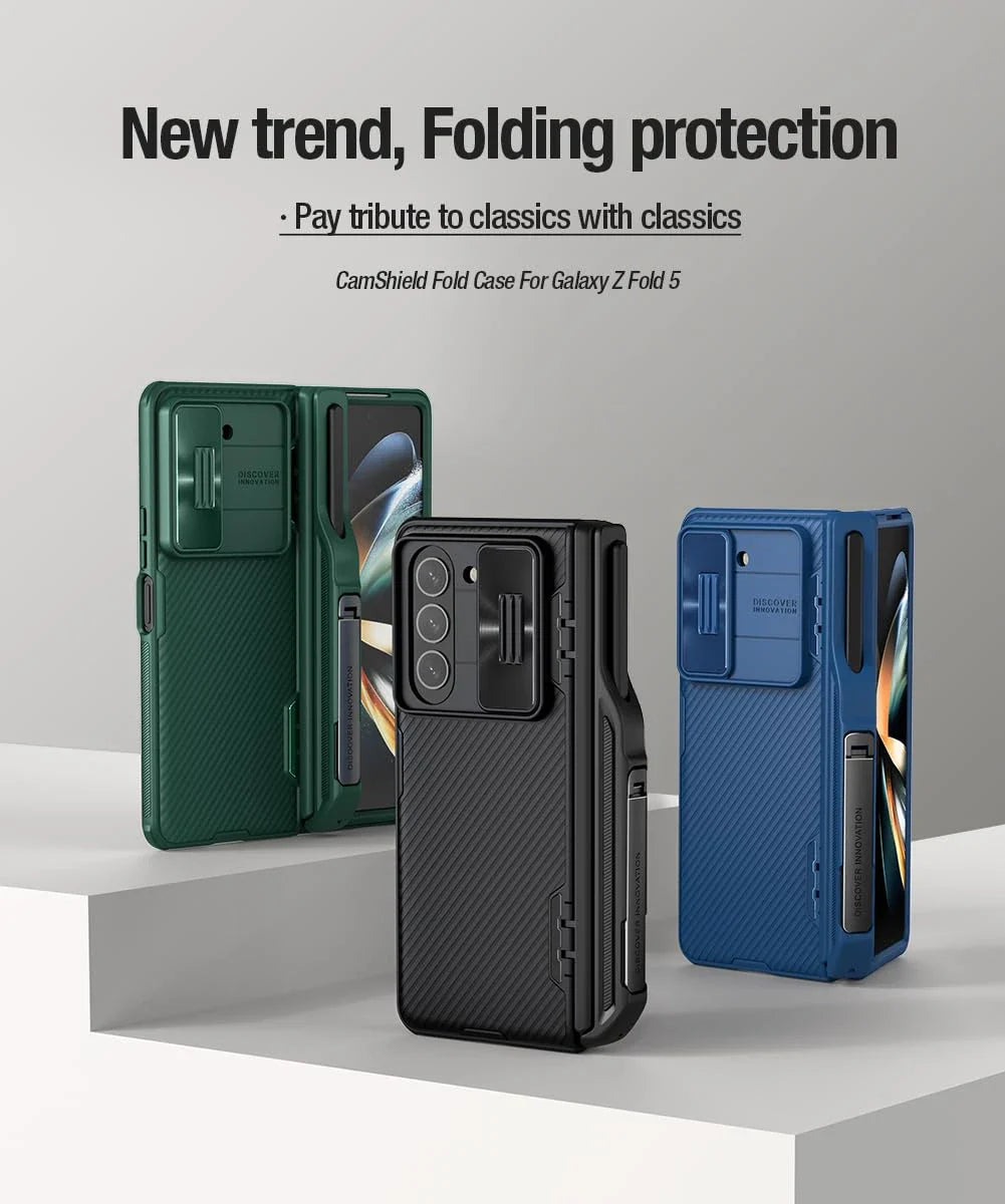 Nillkin CamShield Pro case for Z Fold with S Pen holder, camera cover, hinge protection, and kickstand.