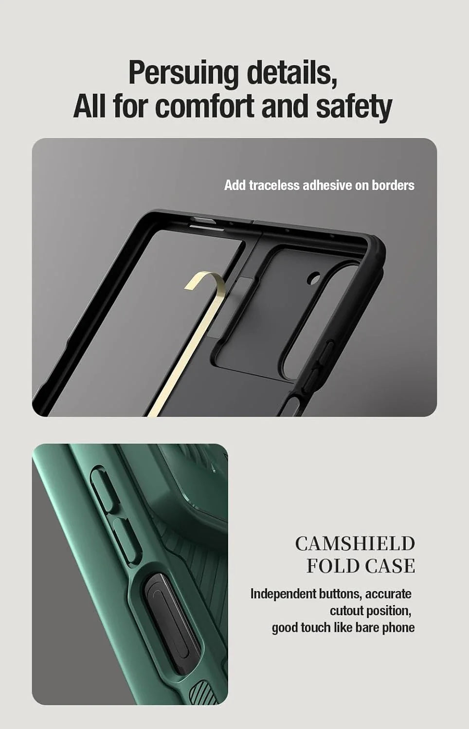 Nillkin CamShield Pro case for Z Fold with S Pen holder, camera cover, hinge protection, and kickstand.
