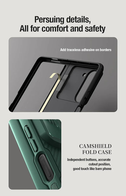 Nillkin CamShield Pro case for Z Fold with S Pen holder, camera cover, hinge protection, and kickstand.
