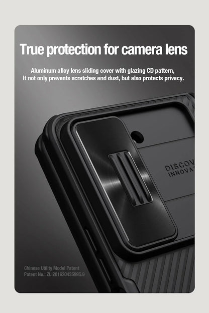 Nillkin CamShield Pro case for Z Fold with S Pen holder, camera cover, hinge protection, and kickstand.