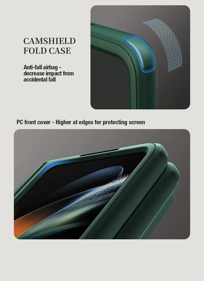 Nillkin CamShield Pro case for Z Fold with S Pen holder, camera cover, hinge protection, and kickstand.