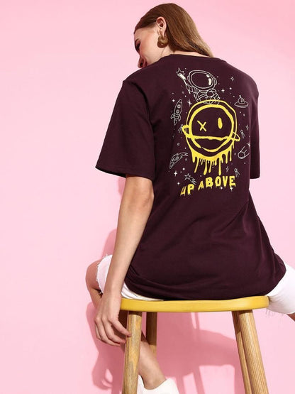 Difference of Opinion Cotton Maroon Graphic Oversized T-Shirt for Women's
