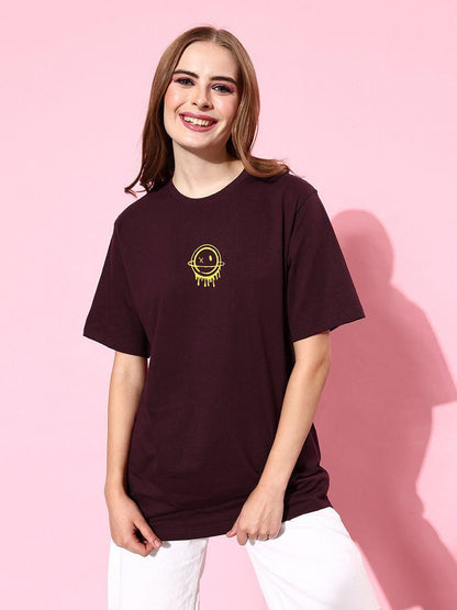 Difference of Opinion Cotton Maroon Graphic Oversized T-Shirt for Women's