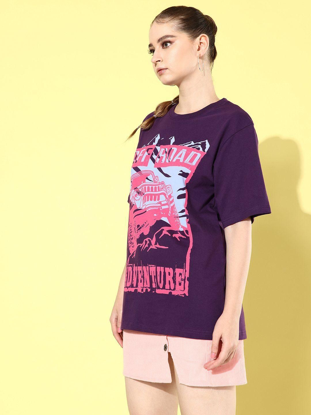 Difference of Opinion Cotton Purple Graphic Oversized T-Shirt for Women's