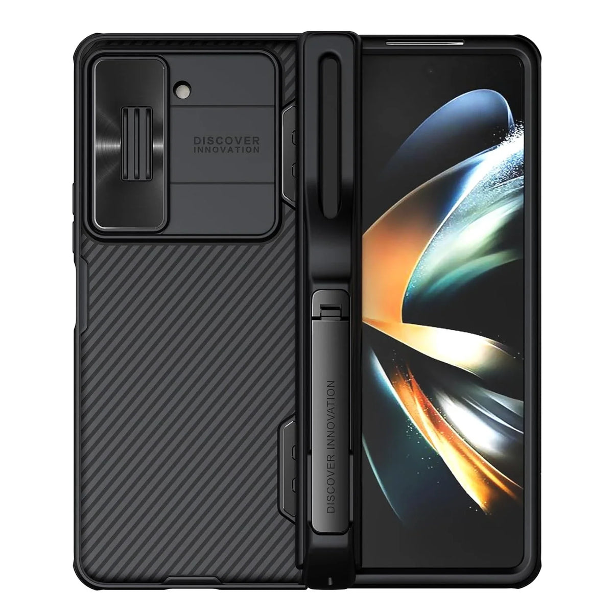 Nillkin CamShield Pro case for Z Fold with S Pen holder, camera cover, hinge protection, and kickstand.