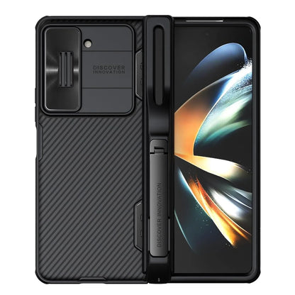 Nillkin CamShield Pro case for Z Fold with S Pen holder, camera cover, hinge protection, and kickstand.