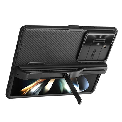 Nillkin CamShield Pro case for Z Fold with S Pen holder, camera cover, hinge protection, and kickstand.