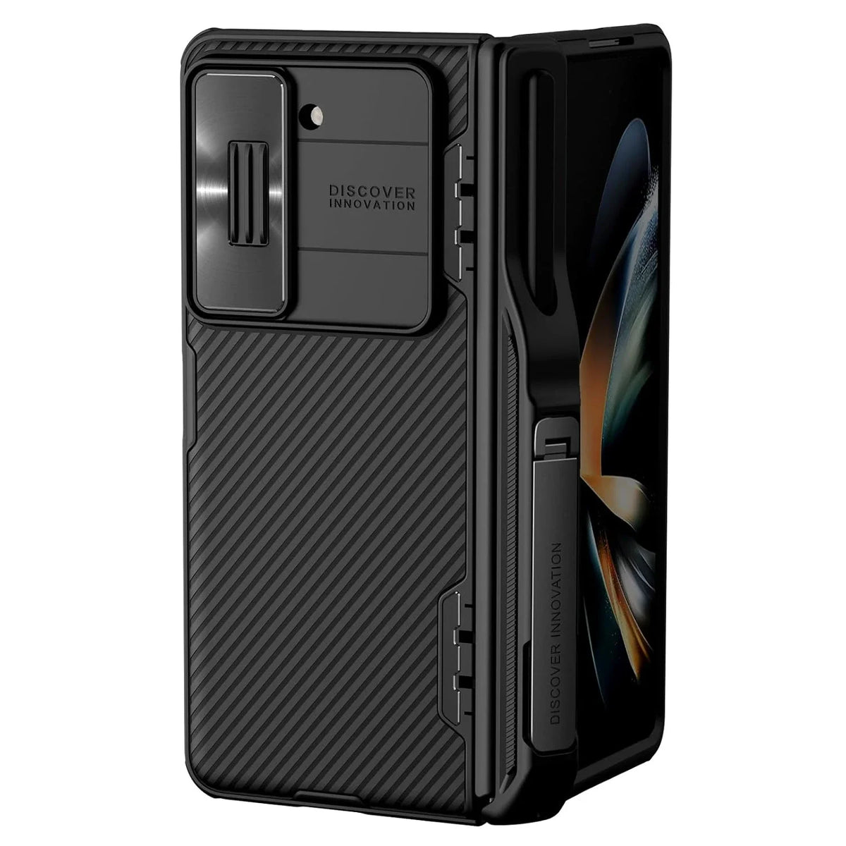 Nillkin CamShield Pro case for Z Fold with S Pen holder, camera cover, hinge protection, and kickstand.