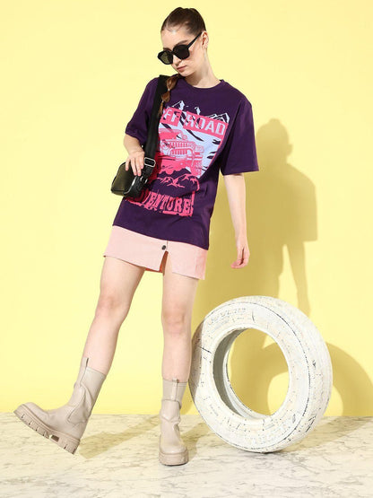 Difference of Opinion Cotton Purple Graphic Oversized T-Shirt for Women's