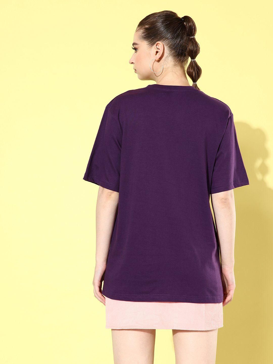 Difference of Opinion Cotton Purple Graphic Oversized T-Shirt for Women's