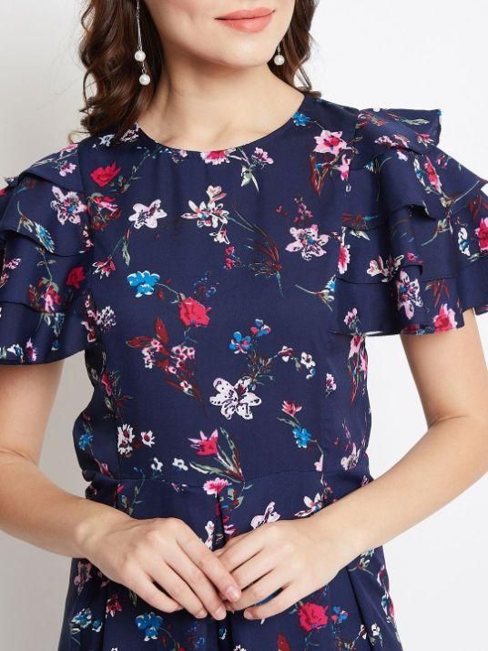 UPTOWNIE Women's Crepe Floral Flared Sleeves Jumpsuit