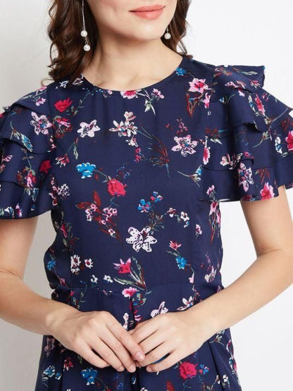 UPTOWNIE Women's Crepe Floral Flared Sleeves Jumpsuit