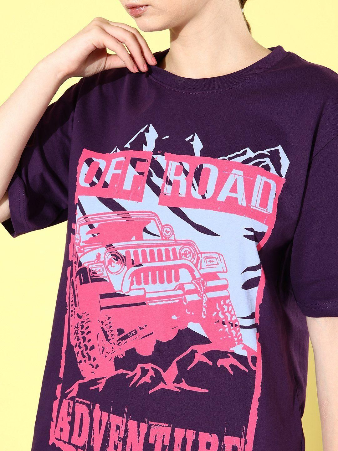 Difference of Opinion Cotton Purple Graphic Oversized T-Shirt for Women's