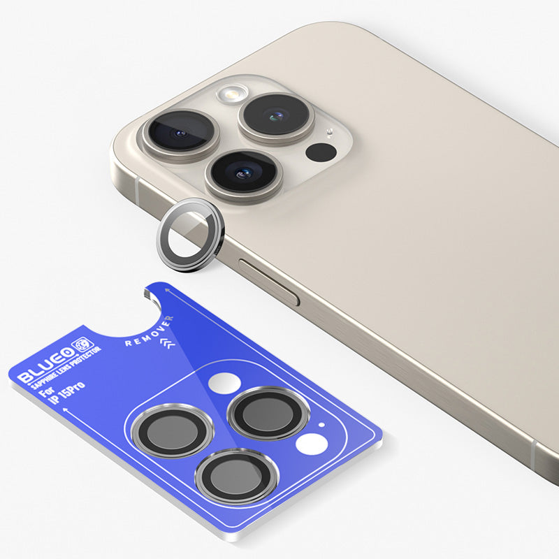 Blueo Sapphire Crystal Original Titanium PVD Stainless Steel Camera Lens Protector Cover for iPhone 15 pro max