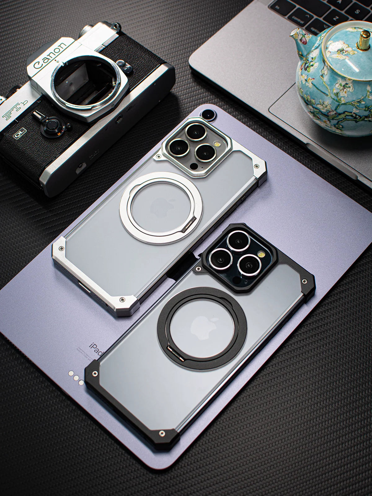 Apple Mecha Assembled Magnetic Fulcrum Bracket Case 15proMax Aluminum Alloy iPhone Case High-end Metal Simple Half case
