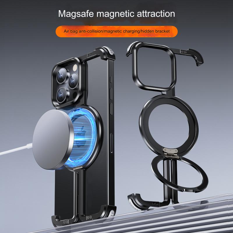 One Shell Suitable For Apple iPhone 15 Pro max Case Plus Ultra-thin Metal Frameless New Magnetic Stand Magsafe Bare Metal Hand Feel Heat Dissipation Anti-fall Protective Cover