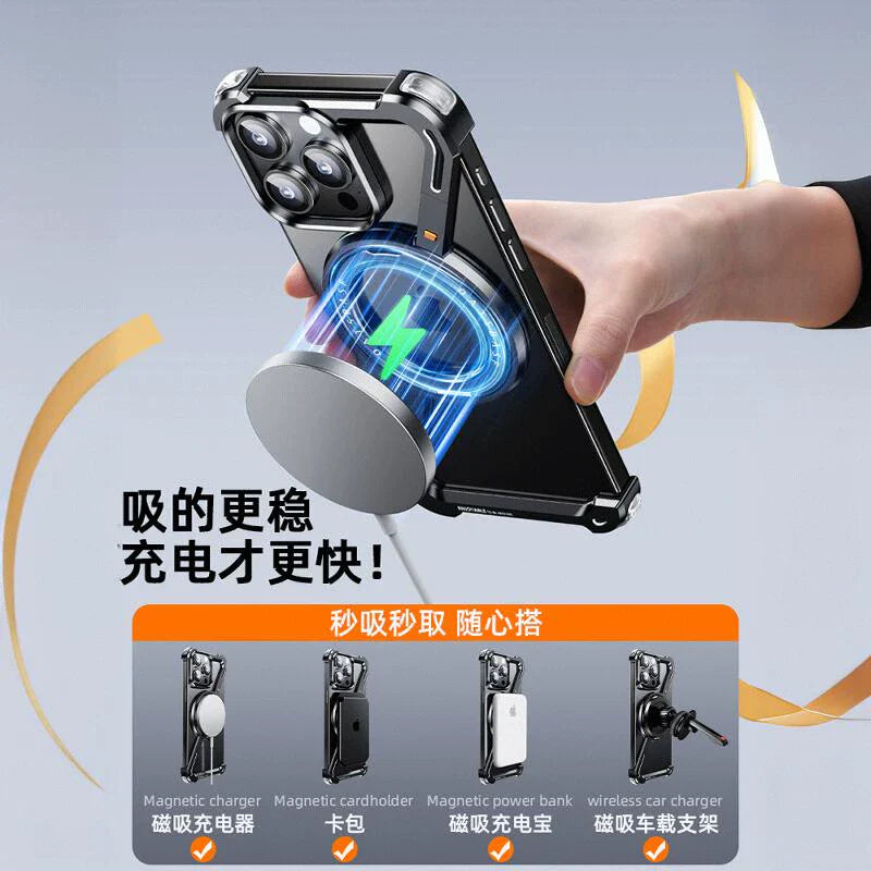 Suitable For Apple 15 Mobile Phone Case, Frameless Metal Z Shell, IPhone 14 Promax Magnetic Stand, Pro-capsule Anti-fall Protective Cover 13 New Alloy Hollow Skeleton Cooling Shell