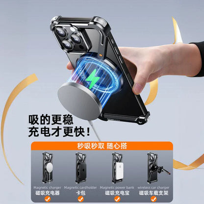 Suitable For Apple 15 Mobile Phone Case, Frameless Metal Z Shell, IPhone 14 Promax Magnetic Stand, Pro-capsule Anti-fall Protective Cover 13 New Alloy Hollow Skeleton Cooling Shell