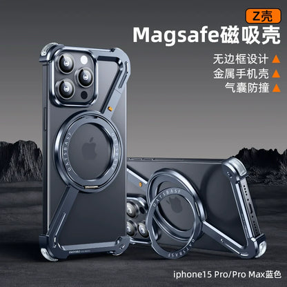 Suitable For Apple 15 Mobile Phone Case, Frameless Metal Z Shell, IPhone 14 Promax Magnetic Stand, Pro-capsule Anti-fall Protective Cover 13 New Alloy Hollow Skeleton Cooling Shell