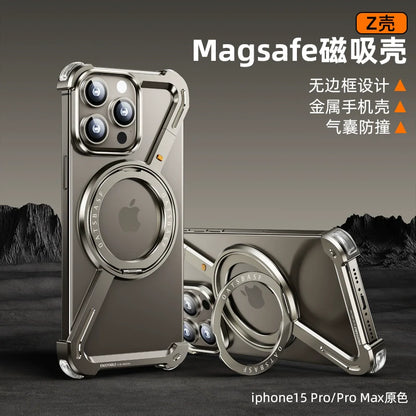 Suitable For Apple 15 Mobile Phone Case, Frameless Metal Z Shell, IPhone 14 Promax Magnetic Stand, Pro-capsule Anti-fall Protective Cover 13 New Alloy Hollow Skeleton Cooling Shell