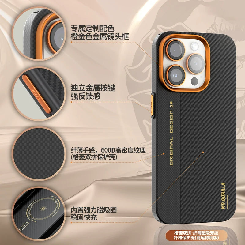 Blue Orangutan Is Suitable For Apple iPhone 15 Pro Max Case IPhone 14 pro Protective Case Plaid Double Spelled Aramid Carbon Fiber Kevlar Dragon Luck Special Edition Men's Advanced All-inclusive Magnetic Heat Dissipation And Anti-fall