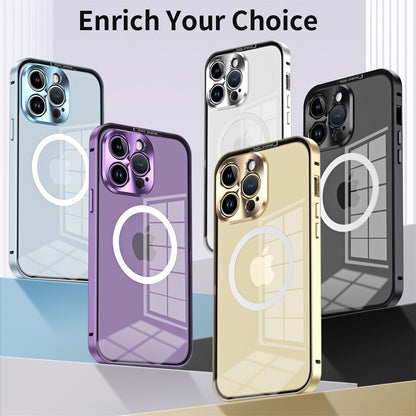 Luxury Aluminum Metal Magsafe Case for iPhone 14 13 12 Pro Max 14 Plus 2 in 1 Transparent Acrylic Magnetic Snap Lock Cover