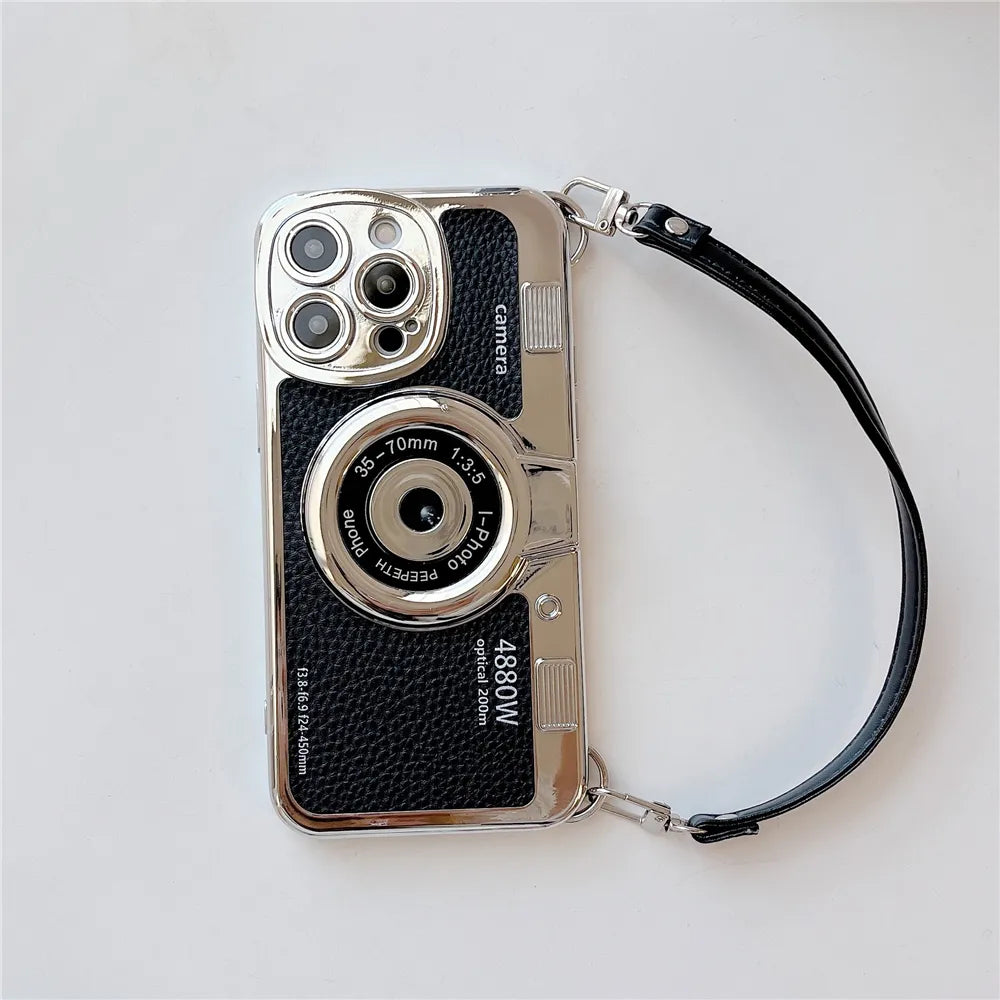 Japan Korean 3D luxury camera + hand strap couple gift case for iphone 15 12 14 Pro Max 11 13 Max leather pattern protect cover