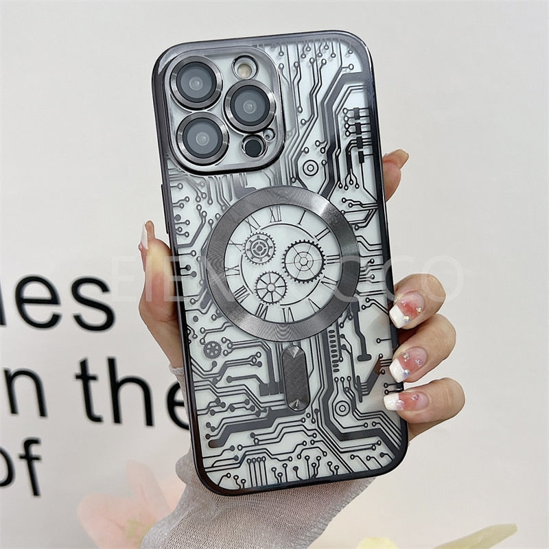 Fashion Circuit Diagram Case For Magsafe For iPhone 14 13 12 11 Pro Max Plus Clear Plating Soft Wireless Charging Magnetic Cover