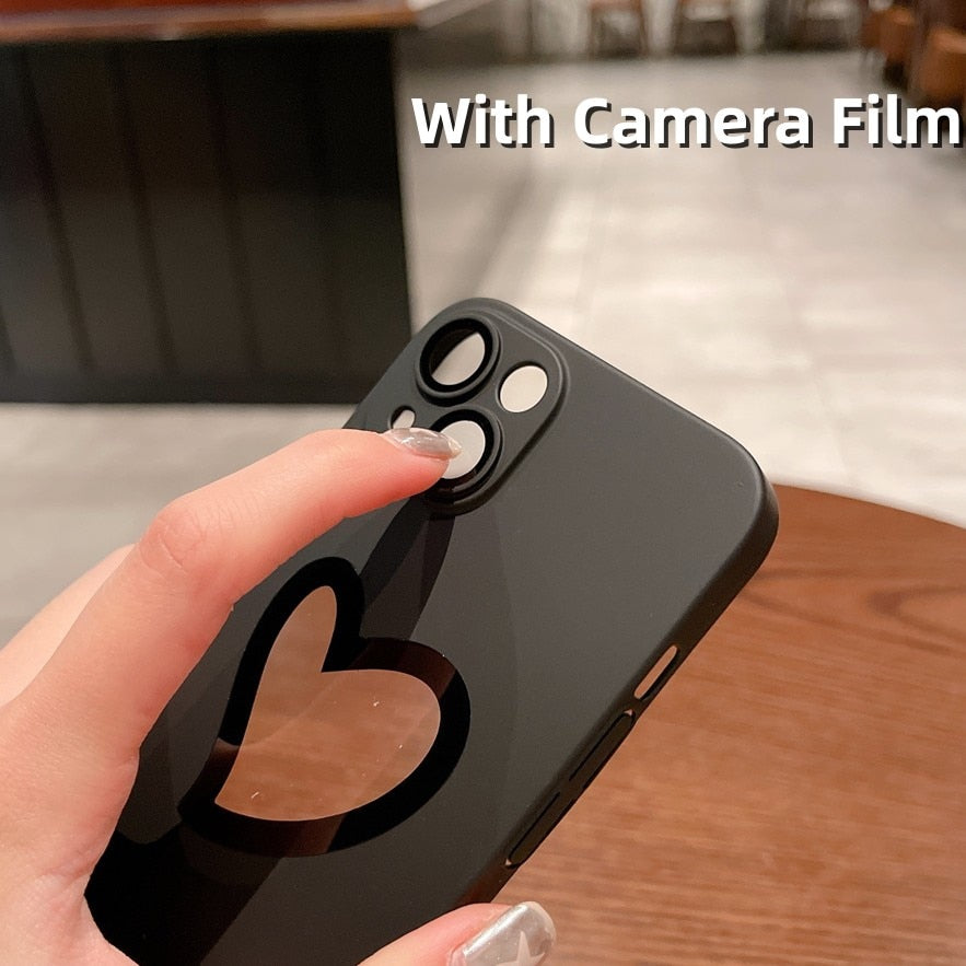 Luxury Heart Logo Hole Phone Case For iPhone 14 Pro Max 14 Plus 13 12 11 Shockroof PC Hard Cover For iPhone 13 With Lens Film
