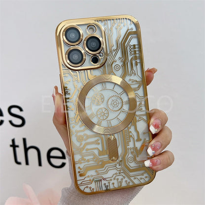 Fashion Circuit Diagram Case For Magsafe For iPhone 14 13 12 11 Pro Max Plus Clear Plating Soft Wireless Charging Magnetic Cover