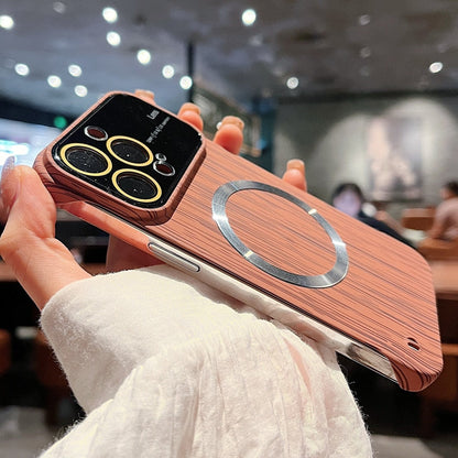 Luxury Frameless for Wood Grain Magnetic Phone Case for iPhone 14 ProMax 12 13 Pro Max Shockproof Lens Protection Slim PC Cover