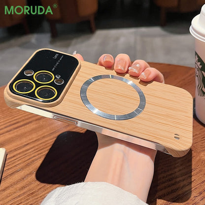 Luxury Frameless for Wood Grain Magnetic Phone Case for iPhone 14 ProMax 12 13 Pro Max Shockproof Lens Protection Slim PC Cover