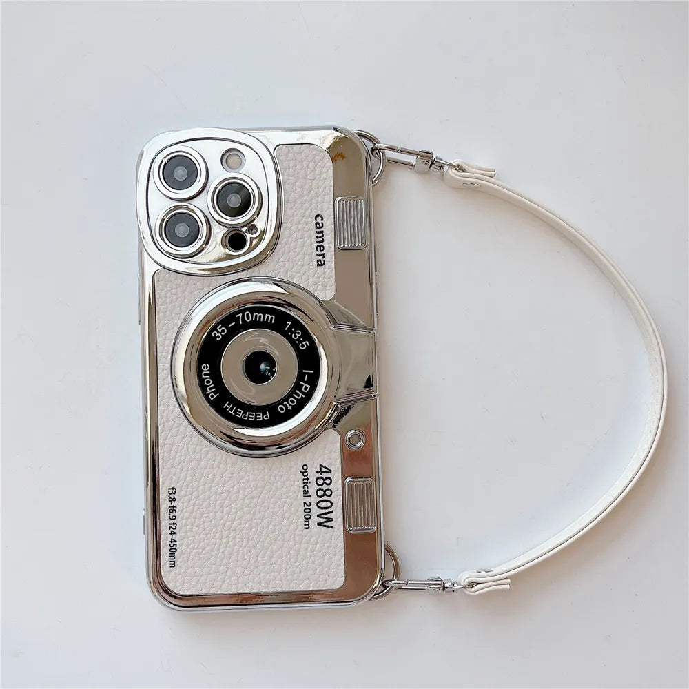 Japan Korean 3D luxury camera + hand strap couple gift case for iphone 15 12 14 Pro Max 11 13 Max leather pattern protect cover
